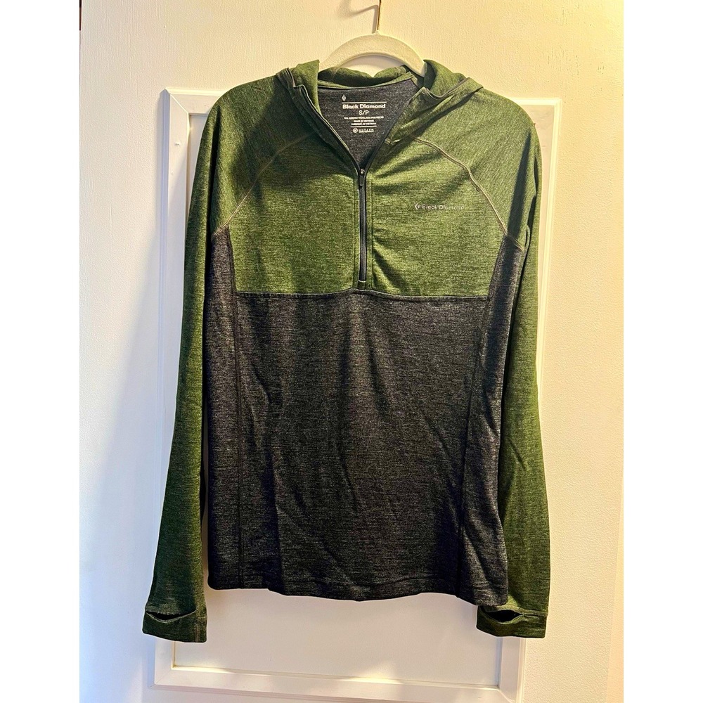 Black Diamond Mens S Green Gray Colorblock Merino Blend 1/4 Zip Hooded Pullover